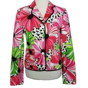 City Silk Blazer Jacket Pink Floral Print Bold Stretch Daisy 4 Flowers Colorful